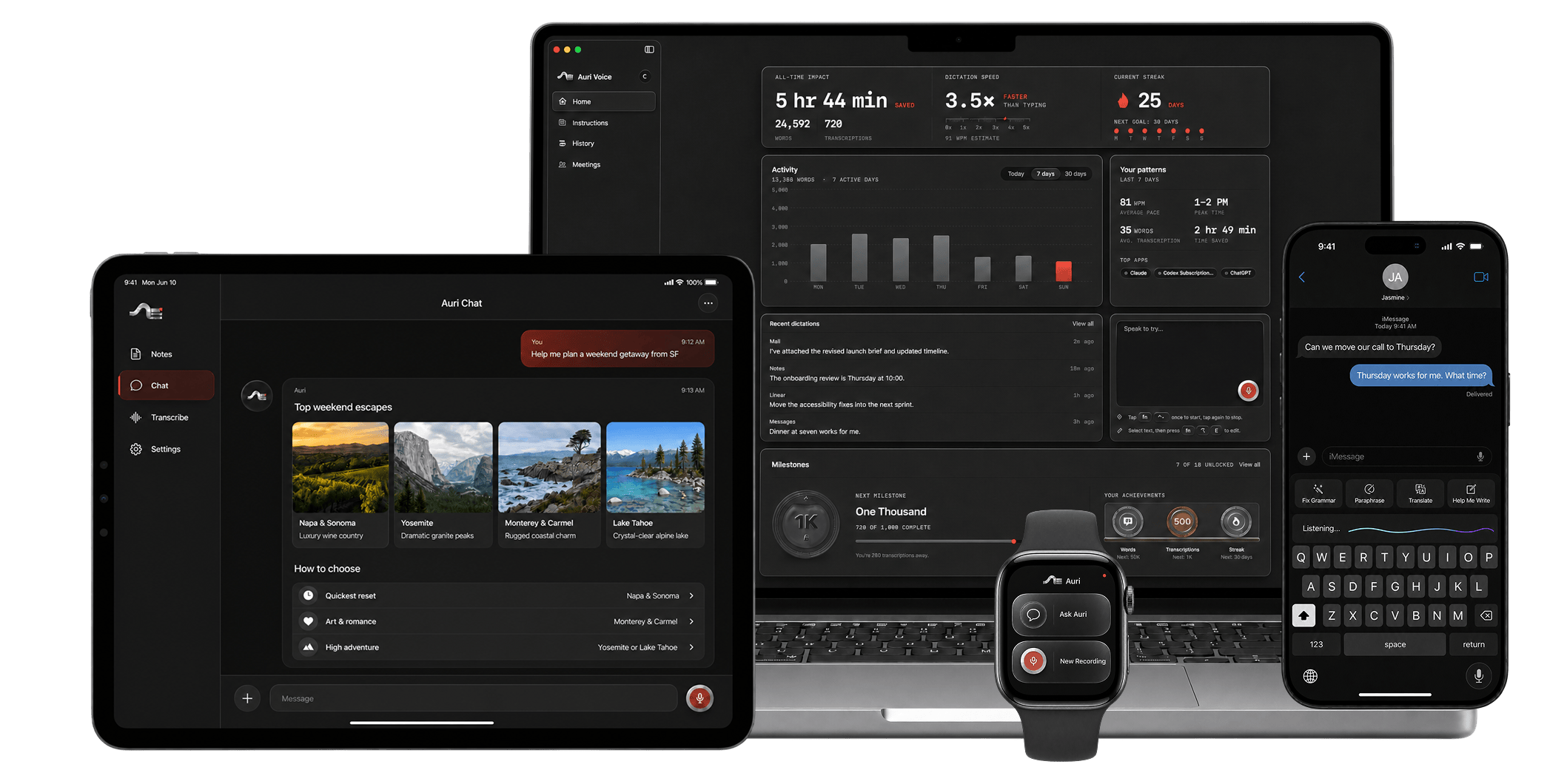 Auri Voice on Mac, Auri Keyboard on iPhone, Smart Notes on iPad, and Auri on Apple Watch