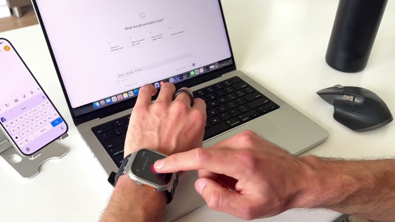 Auri Voice Apple Watch dictation demo beside an iPhone and Mac